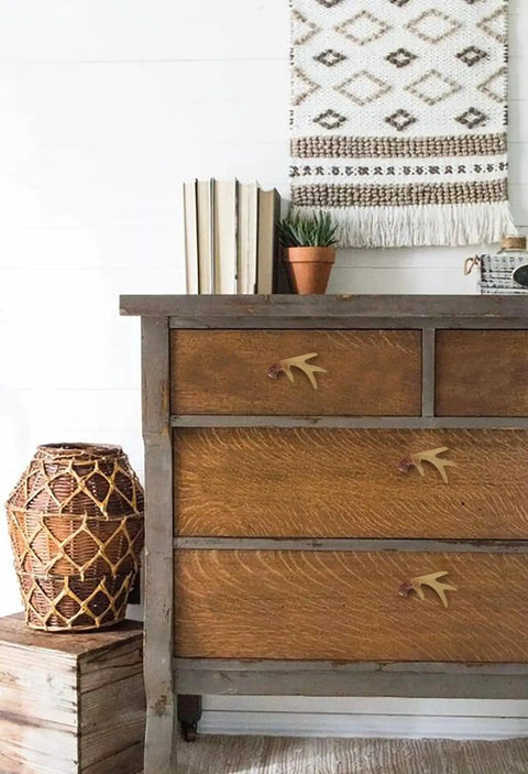 Antler Inspired Resin Cabinet Knobs Set Of 6 With Deer Horn Design installed on wooden dresser in country kitchen decor