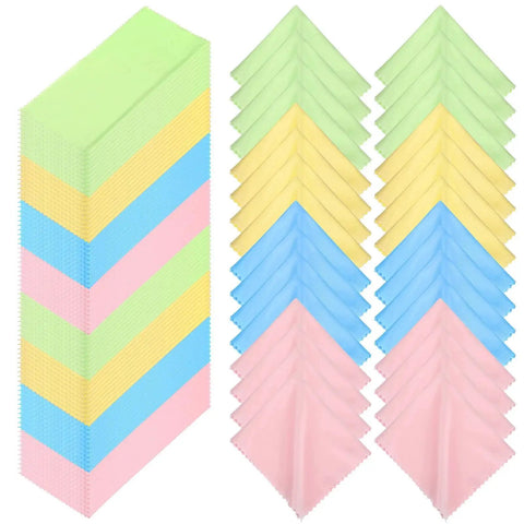 300 Microfiber Cloths 6x7 Inch For Glasses Cameras Phones Screens Assorted Colors stacked in green, yellow, blue, and pink