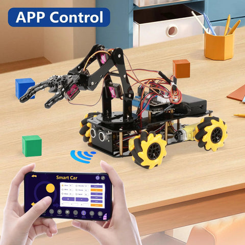 ACEBOTT robot arm expansion pack smart car starter kit; black chassis with yellow wheels, wired electronics, app control