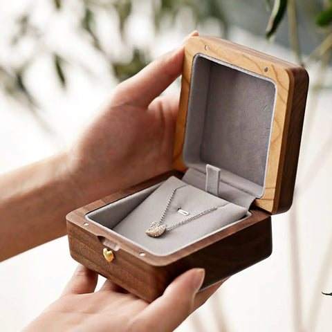 Open wooden jewelry box showing interior details and hinges with necklace inside, showcasing use for Brass Barrel Hidden Hinges 30 Pack For Wooden Boxes And Cabinets, 270 Degree Folding Small Hinge For Diy Crafts, Wooden Jewelry Boxes And Wood Cases, 0.8 X 0.16 In, Durable Solid Brass With Smooth Operation And Elegant Finish.