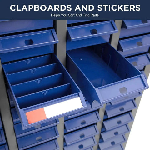 Front view of 100 Drawer Tool Storage Cabinet For Bolt And Nut Organization With Pro Grade Durable ABS Drawers showing open labeled drawers.
