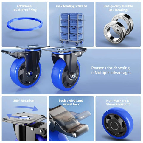 Collage of 5 Inch Caster Wheels With Safety Dual Locking Heavy Duty Set Of 4 showcasing features, materials, and durability