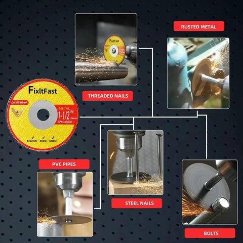 One And A Half Inch Fiberglass Reinforced Cut Off Wheels For Metal Cutting One Eighth Inch Thick Rotary Tool Discs With Mandrels Diamond Coated Pro Grade 11 Pack cutting metal, nails, and pipes