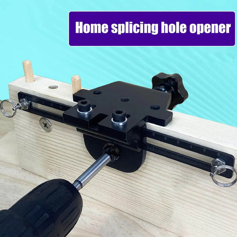 All In One Dowel Jig Kit With Adjustable Width Self Centering Doweling Locator in use with drill on wood block.