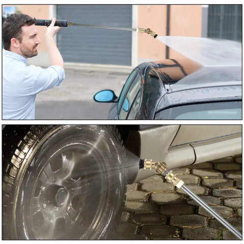 Man using Turbo Nozzle Pressure Washer Kit With 7 Spray Tips 1 Quarter Inch Quick Connector Up To 4000 PSI Pivoting Coupler for car washing