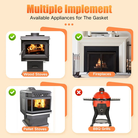 Wood stove gasket kit, 1" grey fiberglass seal; Amazon image collage of wood stove, fireplace, pellet stove, and BBQ grills.