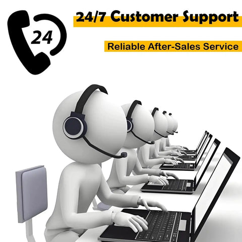 3D line of customer support agents wearing headsets at computers with a 24/7 banner.