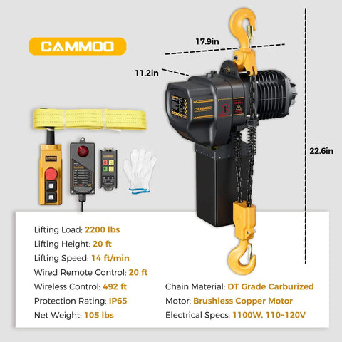 Shop Ready Electric Chain Hoist With 2200 Lb Capacity, 20 Ft Lift Height, 492 Ft Wireless Remote Range, DT Carburized Chain