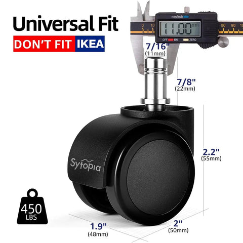 Universal Replacement Office Chair Wheels Set Of 5 From Sytopia With 7/16 X 7/8 Inch Stem, black caster with measurements