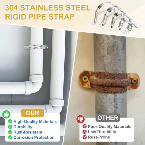 Comparison of 304 stainless steel rigid pipe strap and rusted alternative, showcasing durability and corrosion resistance.
