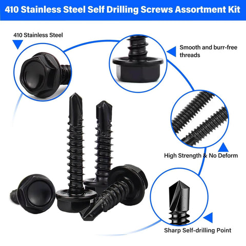 450-piece 410 stainless steel self-drilling screws assortment kit with hex heads, #8/#10, 1/2"–1-1/4" lengths for metal