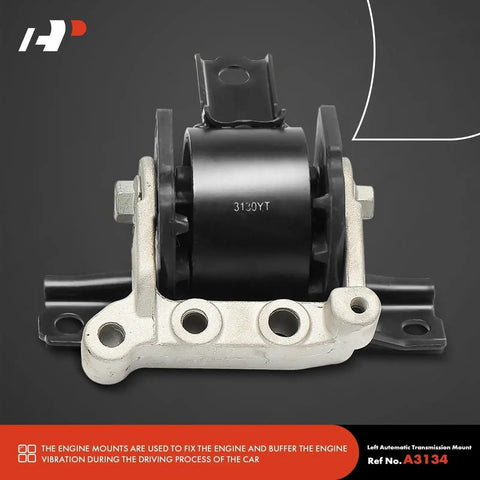 Close-up view of left automatic transmission mount for vehicles, featuring metal and rubber components for vibration control.