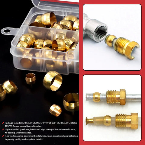 Hilitchi brass compression sleeves ferrules kit, 220 pcs, 8 sizes for 4–16 mm tubing, in storage case.