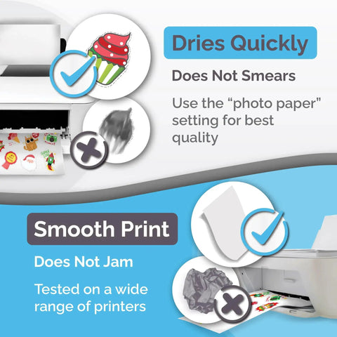 Pro Grade Printable Vinyl Sticker Paper For Inkjet And Laser Printers 56 Sheets Glossy White Self Adhesive Waterproof Paper Dries Quickly With Vivid Colors Holds Ink Well And Tear Resistant For Indoor And Outdoor Use promoting fast drying and smooth printing, compatible with multiple printers.