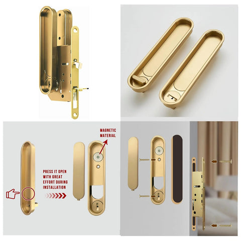 Pocket Door Lock Hardware With Pull Inconspicuous Sliding Door Handle Recessed Lock For Furniture Gold Zinc Alloy Electroplated Brushed Finish