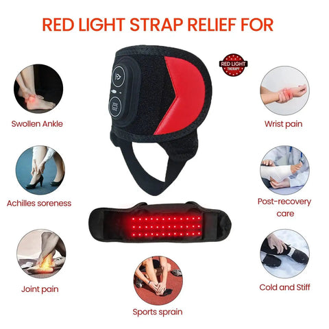 Cordless Red Light Therapy Ankle Massager Wrap With 660nm Red And 850nm Infrared Lights, Vibration And Heat shown with benefits.