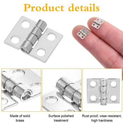 100 Pcs Tiny Silver Hinges For Crafts 10x8mm Mini Hinges For Jewelry Boxes And Wooden Miniature Furniture shown on fingers and close-up views.