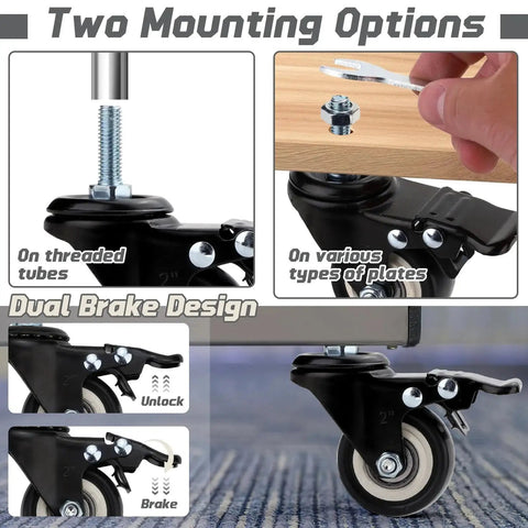 Dual Locking Casters Set Of Four Heavy Duty 330 Lbs Capacity With Five Sixteenth Inch Stem Diameter And One Inch Stem Length 360 Degree Swivel Wheels For Furniture Wire Shelving And Carts Secure Locking Mechanism Fits Standard American Sizing, showing mounting options and brake design.