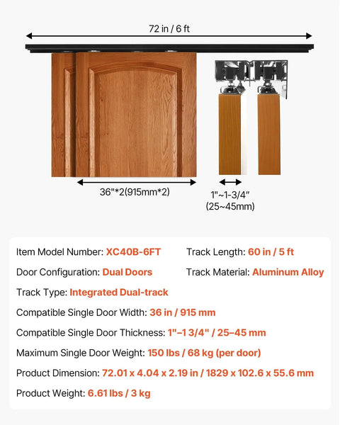 Bypass Sliding Door Hardware Kit With 6 Ft Aluminum Dual Track System, wood doors, 36 in wide, for closet use, shown installed