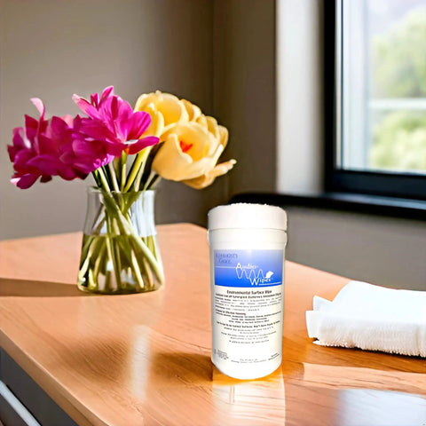 Hearing Aid Cleaning Towelettes Kit With 160 Wipes And Battery Keychain on table with flowers in background