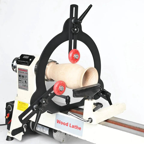 Wood Lathe Steady Rest for 12 Inch, 14 Inch, And 16 Inch Swing Lathes with spindle tool, heavy steel plate, rubber rollers on lathe