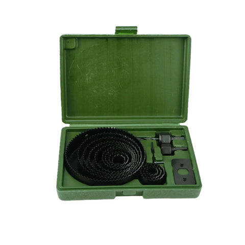 Open green case showing Bi Metal Hole Saw Set With 16 Pieces For Wood PVC And More From Jadever Three Quarters To Five Inch Range