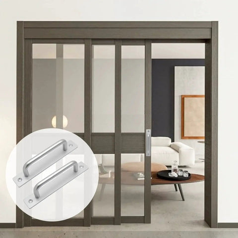 Living room with sliding door featuring 2 Pack Sliding Barn Door Handle With Plate, 128mm Center Hole Distance, 5 Inch Center, Durable Aluminium Alloy Cabinet Pull Handles For Sliding Doors, Closets, Dressers, And Kitchen Drawers, Silver Finish