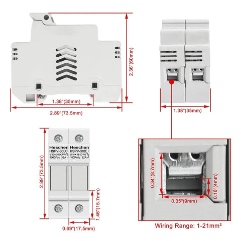 PV Solar Fuse Holder 2 Pole DIN Rail Mount For 10 X 38mm Fuses, HSPV-30D, DC 1000V, 32A, 35mm Rail, CE Listed