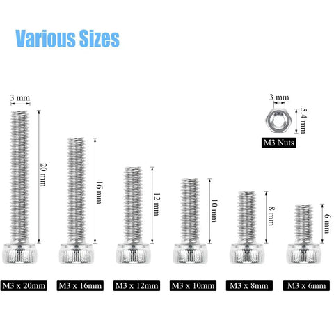 Hex Socket Head Cap Bolts And Nuts Kit Stainless Steel 304 M3 Set In 6 8 10 12 16 20 mm Lengths 360 Pieces DIY Hardware Sizes