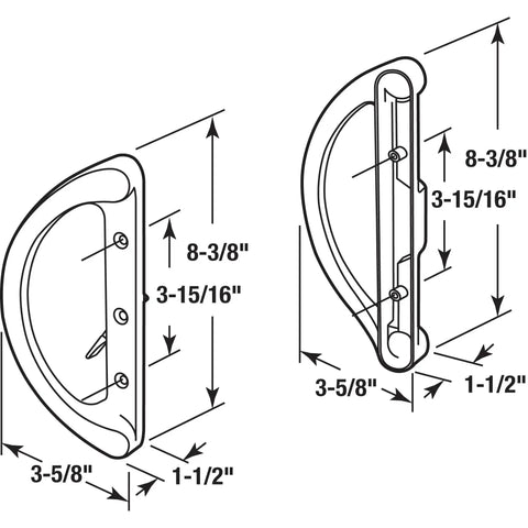 Sliding Door Handle Set Mortise Style Three And Fifteen Sixteenths Inch On Center White Diecast Exterior Interior Pull Handles With Center Thumb Turn Latch For Mortise Latch Systems Matching Inside And Outside Hardware White Finish illustrated dimensions