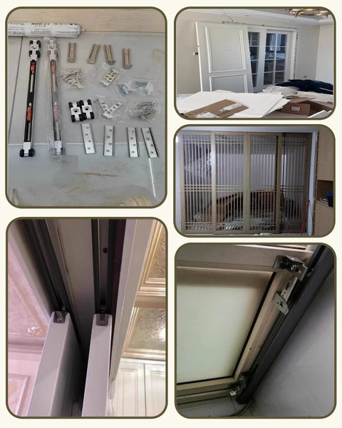 4Ft Soft Close Pocket Door Hardware Kit with heavy duty wall mount bracket for wooden sliding barn doors installation views.