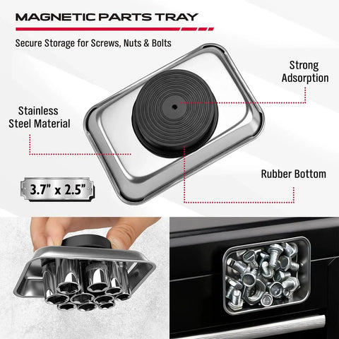 4 Piece Telescoping Magnetic Pickup Tool Set For Garages And Workshops Featuring A 31 Inch Telescoping Magnet Stick With 15 Lb Lift A 25 Inch Pen Style Magnetic Pickup Tool With Pocket Clip A 20 Inch Bendable Spring Magnet Stick And A Magnetic Parts Tray showing stainless steel tray with rubber base