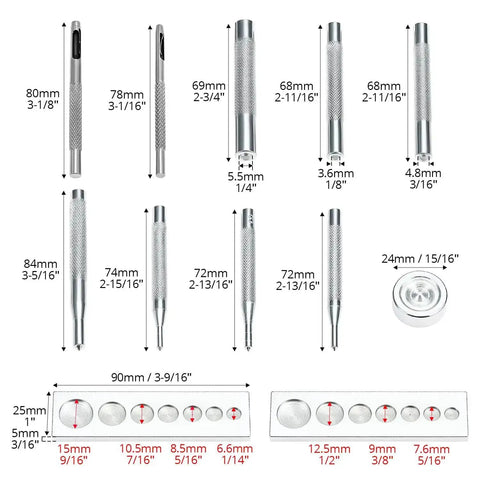 Heavy Duty Hole Punch Set 11 Piece Carbon Steel Punch And Rivet Tool Kit With Round Die Punches From 2.5mm To 15mm components shown