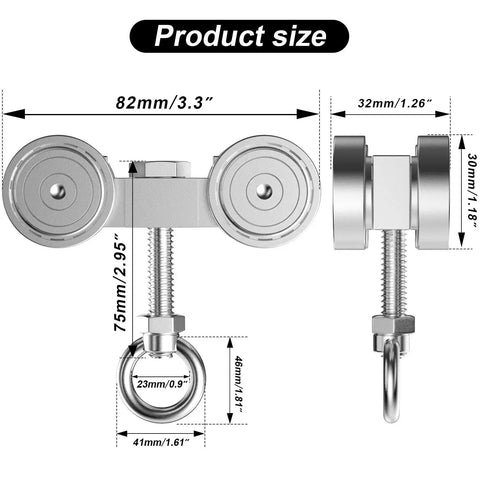 Detailed view of Four Wheel Trolley Assembly with Silent M10 Bolt and Nuts for 1-5/8 inch Unistrut channel, size specifications shown.