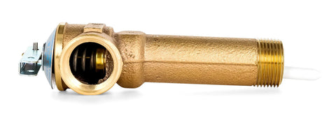 Brass Camco 10427 3/4-inch temperature and pressure relief valve with 3-5/16-inch shank and 3/4-inch NPT outlet.