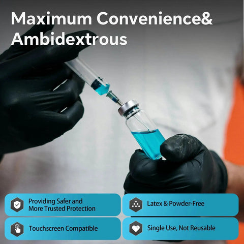Person wearing Nitrile Gloves Heavy Duty 6 Mil Disposable Black For Cooking XL handling a syringe with blue liquid
