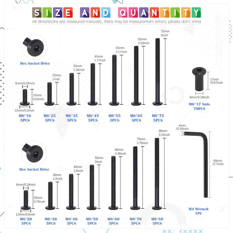 M6 Hex Socket Cap Bolts Kit With 16 To 80mm Sizes 141Pcs Black Countersunk Furniture Hardware Set Including Barrel Nuts And Allen Wrench