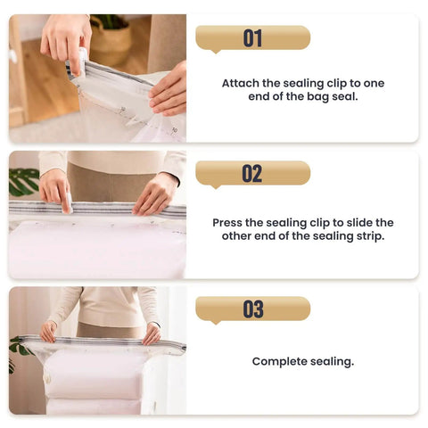 Step-by-step use of Heavy Duty Plastic Vacuum Storage Clip Seal Grip For Space Saver Bags with airtight lock clip.