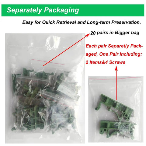 DIN Rail Mounting Kit For PCBs 35mm Snap On Adapters Clips With Screws PA66 Nylon Green Panel Brackets Fits Boards Up To 100mm packaging