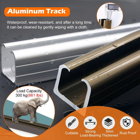 Close-up of aluminum track showing rust-proof, load-bearing capacity for Built Tough Heavy Duty Sliding Barn Door Hardware Track Kit.