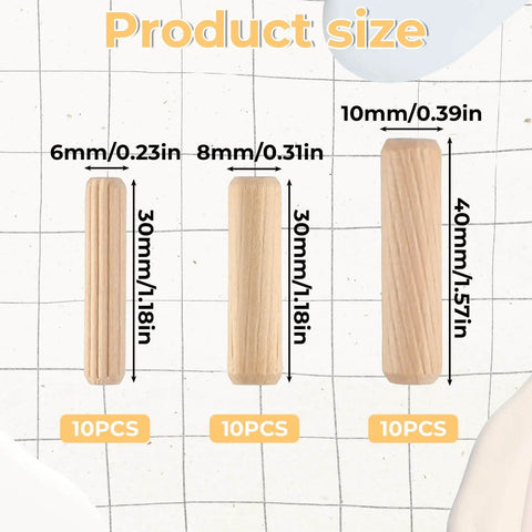 Thirty Piece Wood Dowel Set With One Quarter Inch, Three Eighths Inch, And Five Sixteenths Inch Hardwood Fluted Dowels product size chart