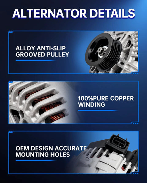 Details of 117 Amp Alternator For Jeep Wrangler 2001 To 2006 TJ L6 4.0L High Output Replacement showing pulley, copper winding, mounting holes