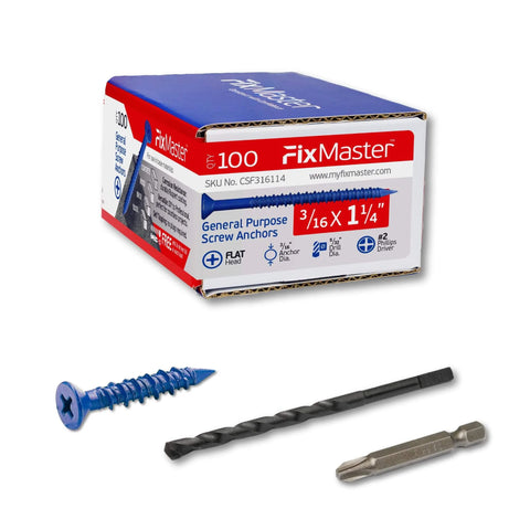 3/16 X 1-1/4 Inch Countersunk Phillips Flat Head Blue Concrete Screw Anchors Kit 100 Pcs With Drill Bit And Screwdriver Bit.
