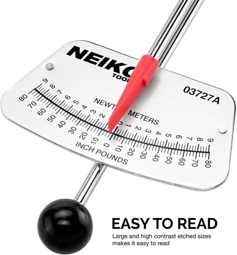 1/4-Inch-Drive Beam Torque Wrench With Dual SAE And Metric Readings, close-up of scale showing 0-80 in-lbs and 0-9 Nm markings.