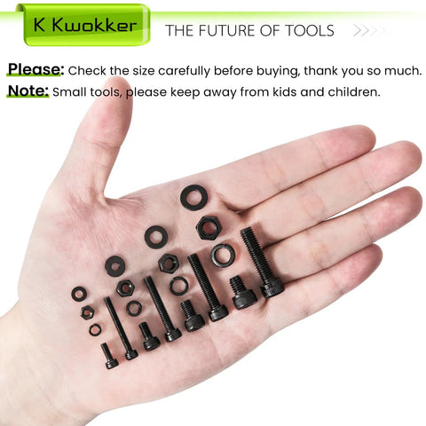 Hand holding small items from the 1160Pcs Metric Bolts And Nuts Kit With M3 M4 M5 M6 Hex Socket Head Cap Screws, Zinc Plated.