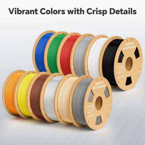 Various spools of DEEPLEE PETG filament in multiple colors, including black, suitable for FDM printers with high impact resistance.