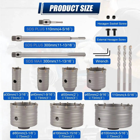 Image of All In One Concrete Hole Saw Kit With Twenty Two Pieces And Seven Sizes From Thirty Mm To One Hundred Ten Mm Includes SDS Plus And SDS Max Core Drill Bits For Concrete Brick And Stone Walls Workhorse For Pros Luney showing various drill bits and sizes.
