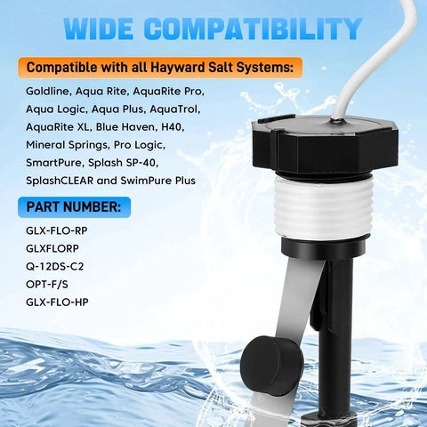 Upgraded GLX-FLO-RP Pool Flow Switch Assembly with metal probe and cable for Hayward systems, shown with part numbers listed