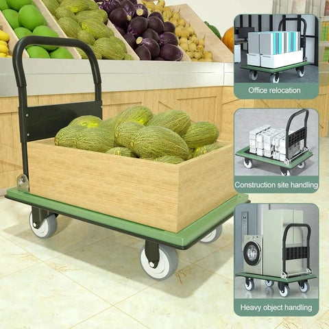 Heavy Duty Folding Platform Cart with 1100 Pound Capacity and 360 Degree Swivel Front Wheels loaded with produce