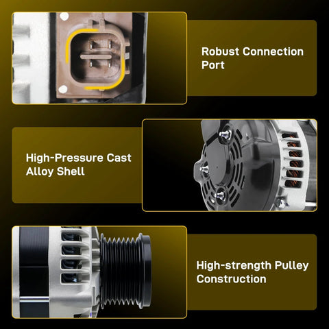 Close-up showing features of High Output 150 Amp 12V Alternator With CW 7 Groove Pulley 3.5L 2.7L For Sienna 2007 Through 2016.